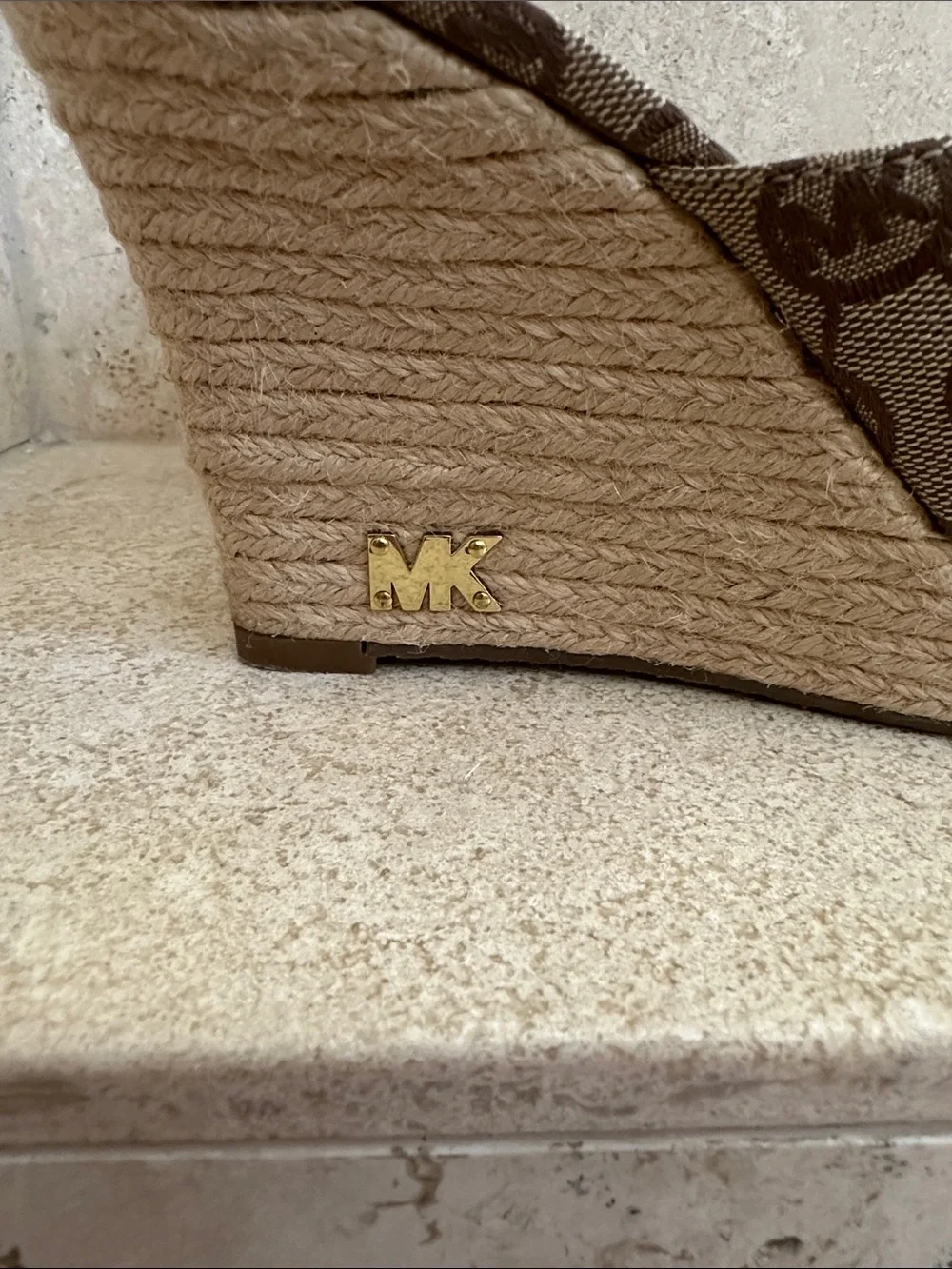Michael Kors 7.5 Brown Logo Canvas Espadrille Wedge Sandals
